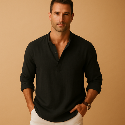 Lightweight V-neck long sleeve shirt for men in white, pink, navy, grey, blue, and black with breathable fabric and modern cut, perfect for summer and casual wear.