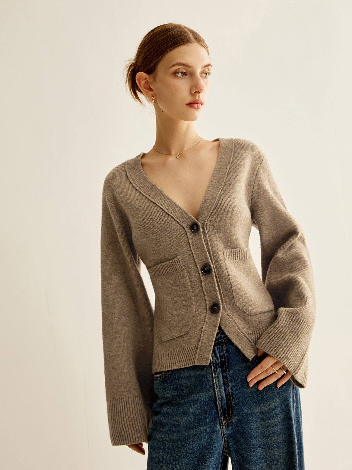 Open Front V Neck Cardigan Sweater