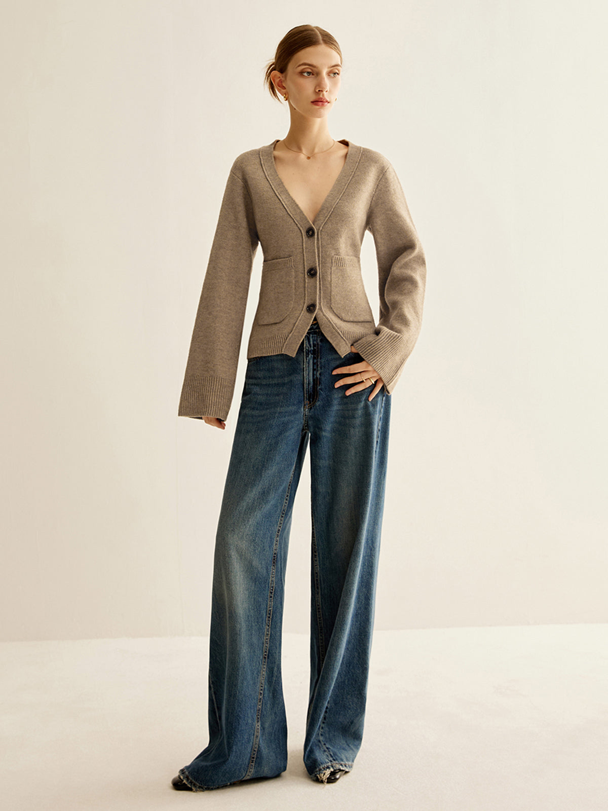 Open Front V Neck Cardigan Sweater