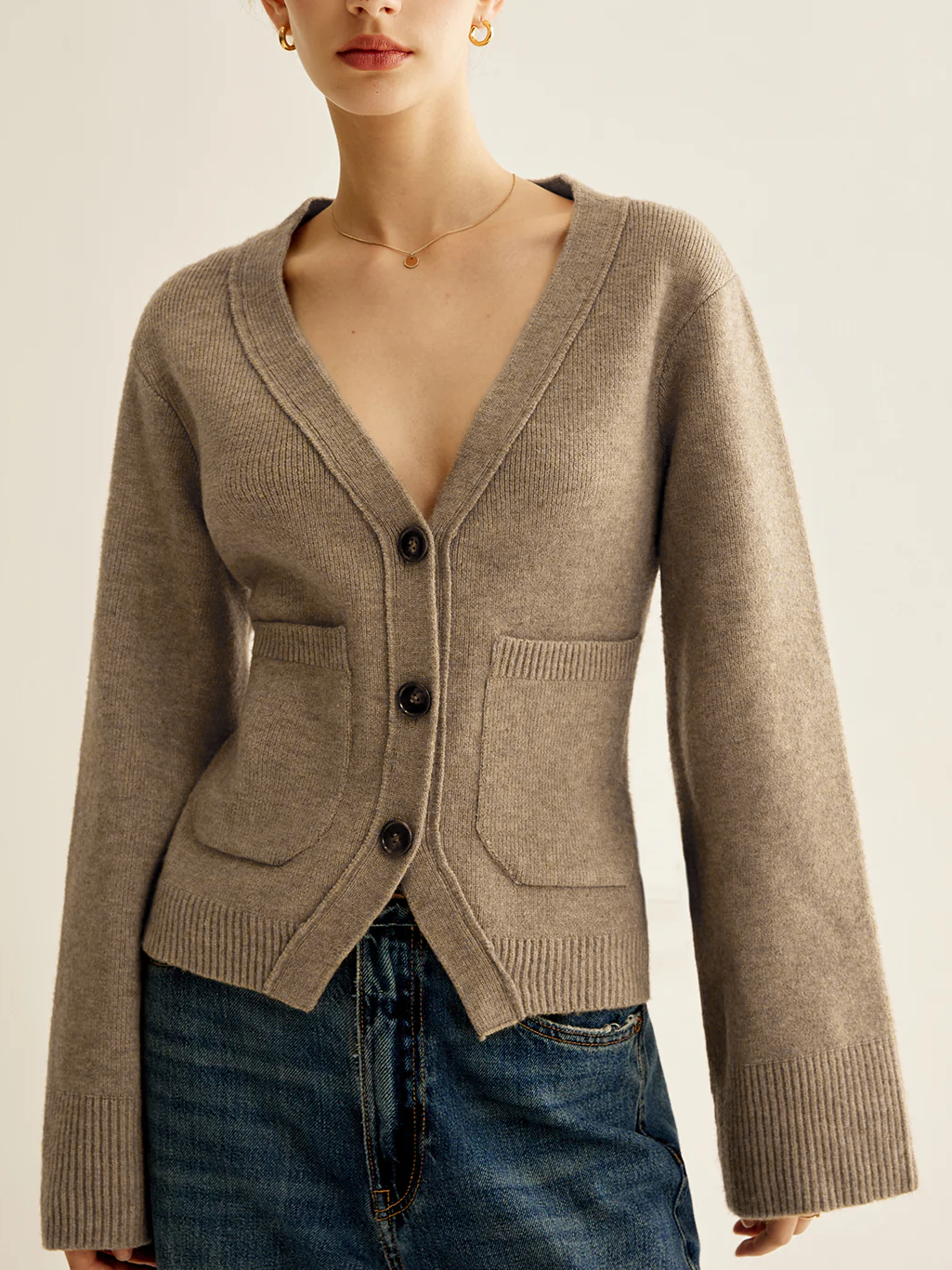 Open Front V Neck Cardigan Sweater - Pexav