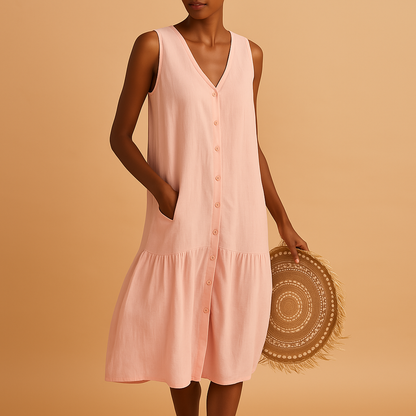 V-neck summer dress for women named Isla, featuring a relaxed, flowy silhouette ideal for beach days, casual outings, and warm summer evenings.