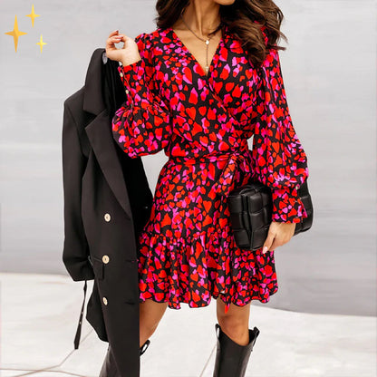 Ladies Floral V-Neck Wrap Dress with Ruffles - Nocini