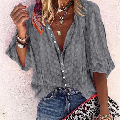 Loose Fit V Neck Women's Blouse with Short Sleeves