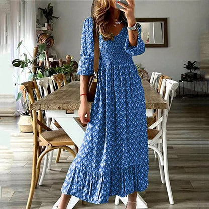 Flowy V Neck Maxi Dress with Smocked Waist