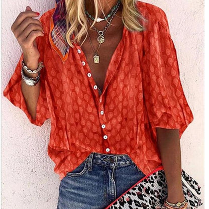 Loose Fit V Neck Women's Blouse with Short Sleeves