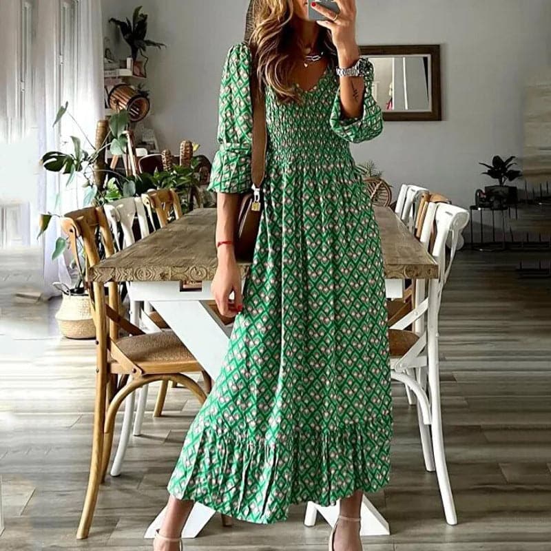 Flowy V Neck Maxi Dress with Smocked Waist - Nocini