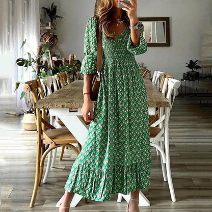 Flowy V Neck Maxi Dress with Smocked Waist - Nocini