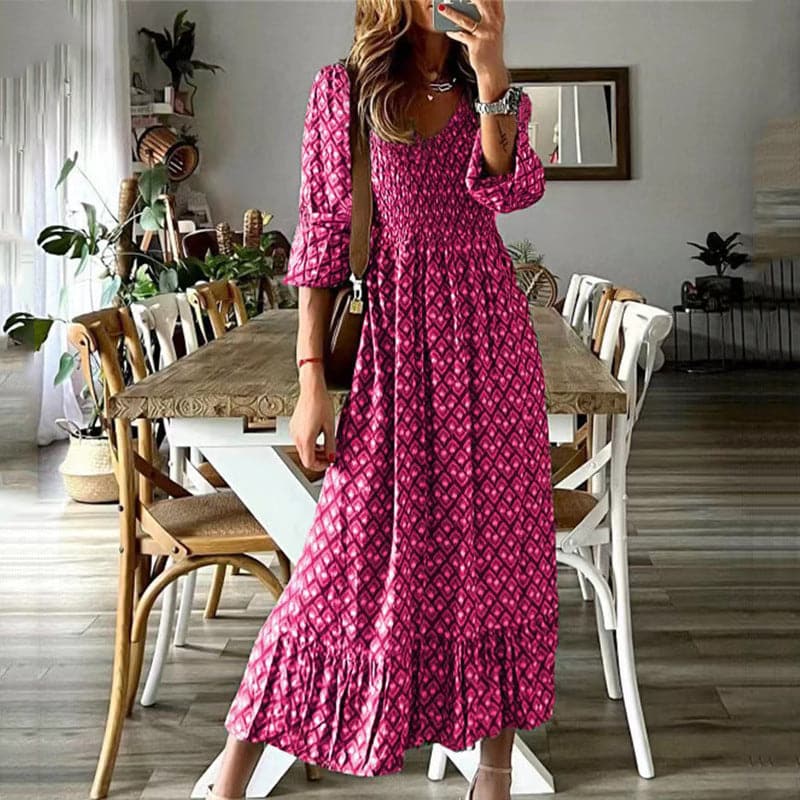 Flowy V Neck Maxi Dress with Smocked Waist