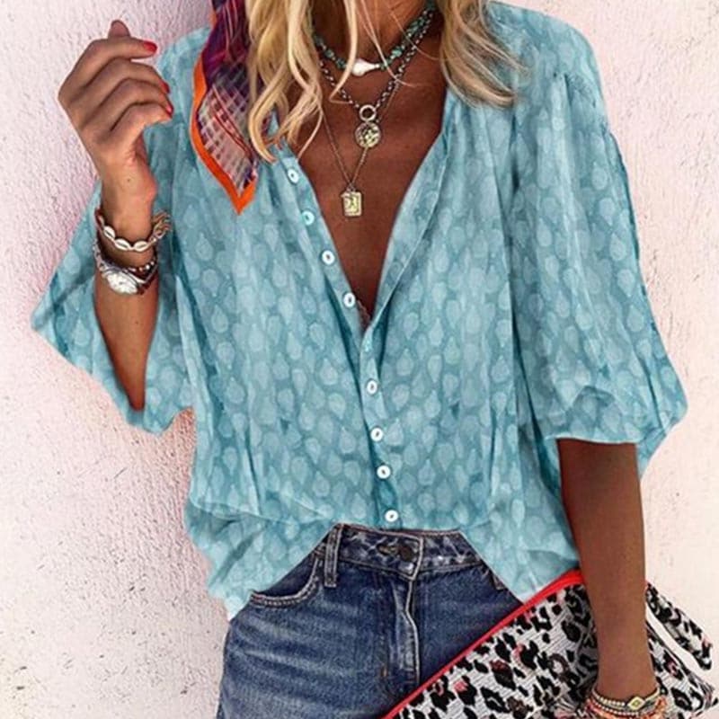 Loose Fit V Neck Women's Blouse with Short Sleeves - Nocini