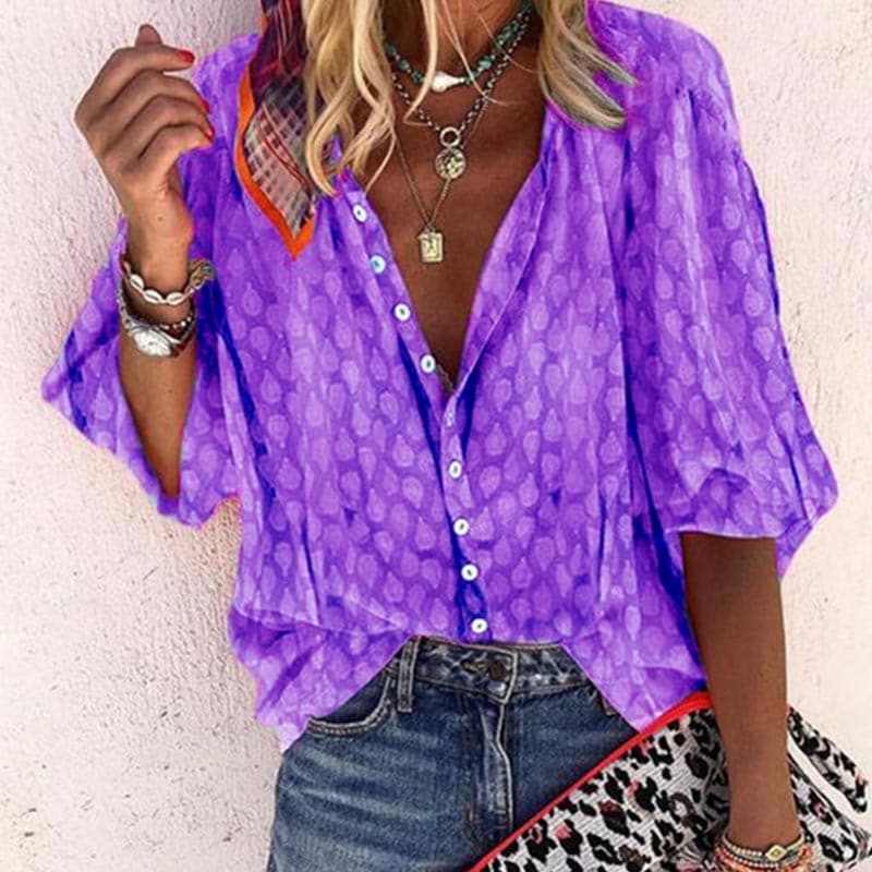 Loose Fit V Neck Women's Blouse with Short Sleeves