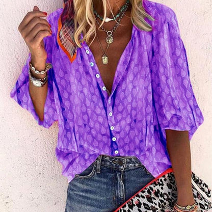 Loose Fit V Neck Women's Blouse with Short Sleeves