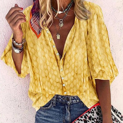 Loose Fit V Neck Women's Blouse with Short Sleeves