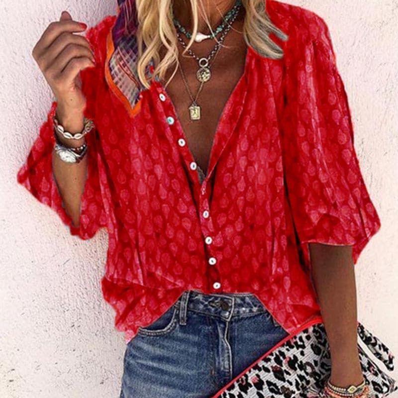 Loose Fit V Neck Women's Blouse with Short Sleeves