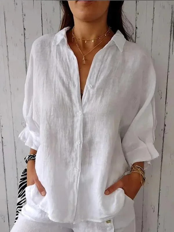Ladies Loose Fit Linen Long Sleeve Shirt - Nocini