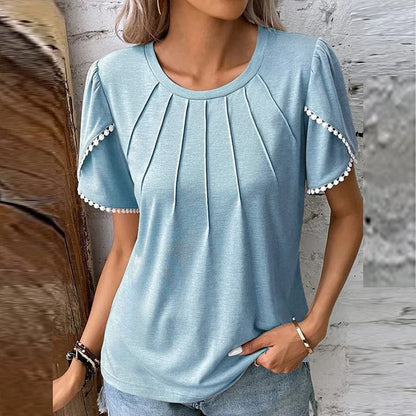 Feminine Cotton Blouse with Puffy Sleeves and Round Neck