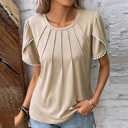 Feminine Cotton Blouse with Puffy Sleeves and Round Neck