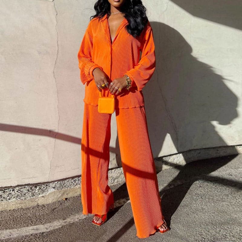 Relaxed Fit Blouse and Wide Leg Pants Set - Nocini