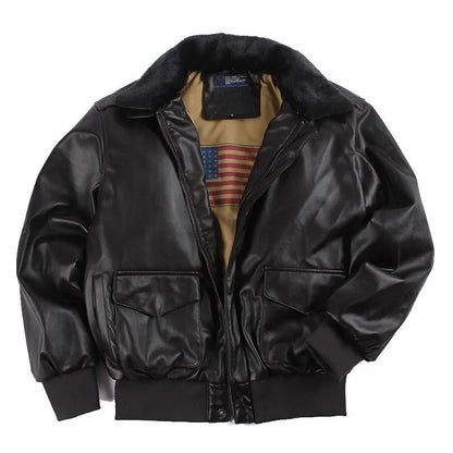 Men's Classic Brown Leather Aviator Jacket with Fur Trim