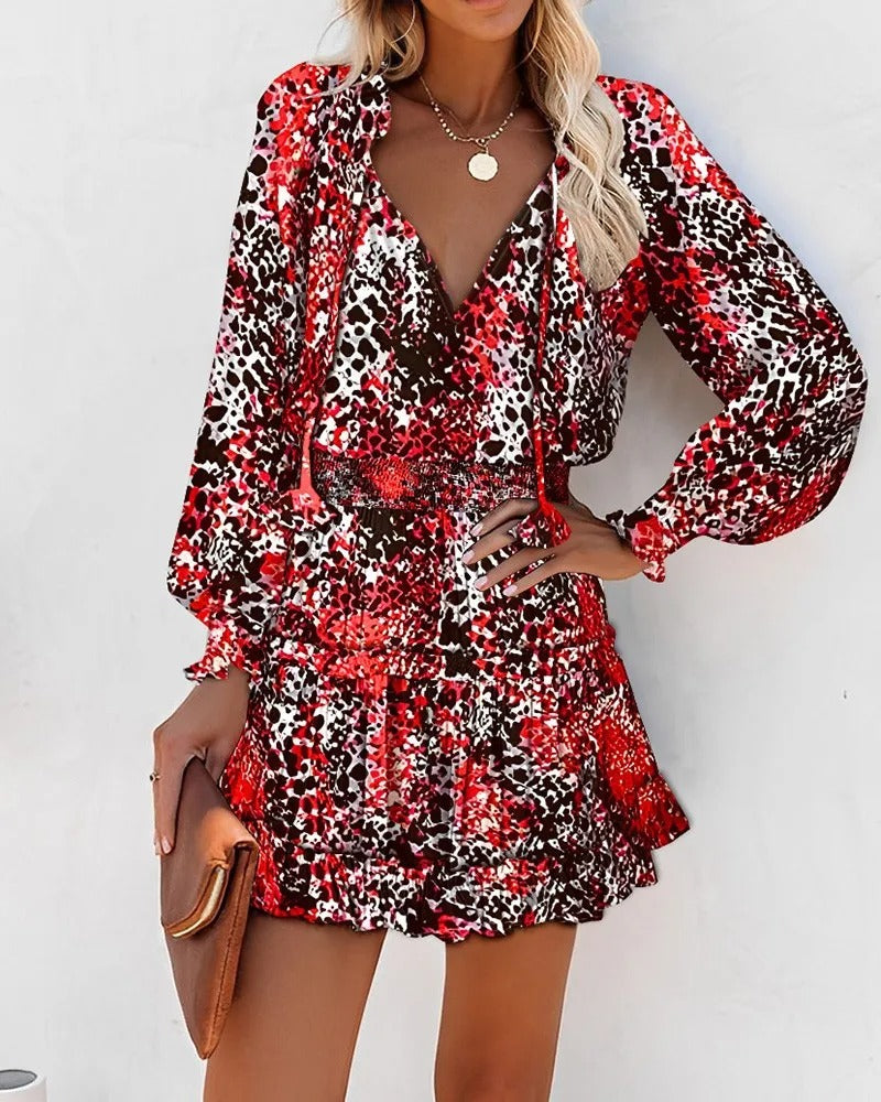 Feminine V-Neck Tie Waist Mini Dress
