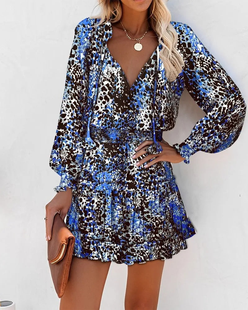 Feminine V-Neck Tie Waist Mini Dress