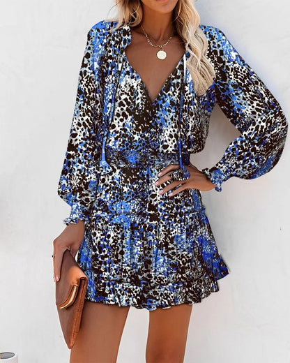 Feminine V-Neck Tie Waist Mini Dress