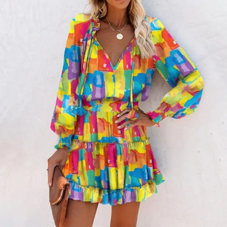 Feminine V-Neck Tie Waist Mini Dress