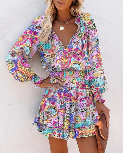 Feminine V-Neck Tie Waist Mini Dress