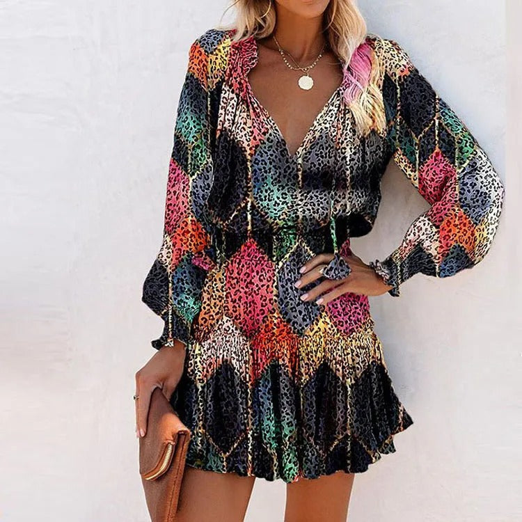 Feminine V-Neck Tie Waist Mini Dress