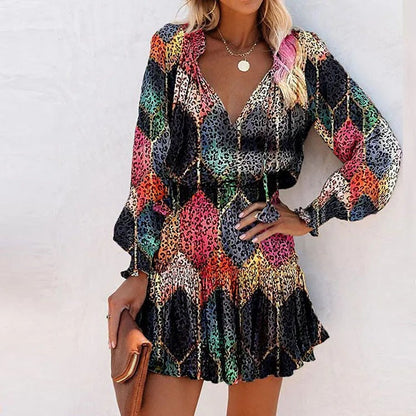 Feminine V-Neck Tie Waist Mini Dress