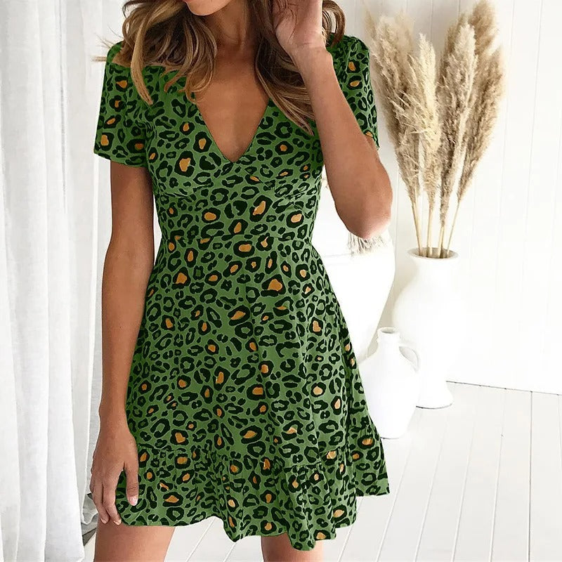 Women's V-Neck A-Line Short Sleeve Leopard Dress - Nocini