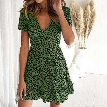 Women's V-Neck A-Line Short Sleeve Leopard Dress - Nocini
