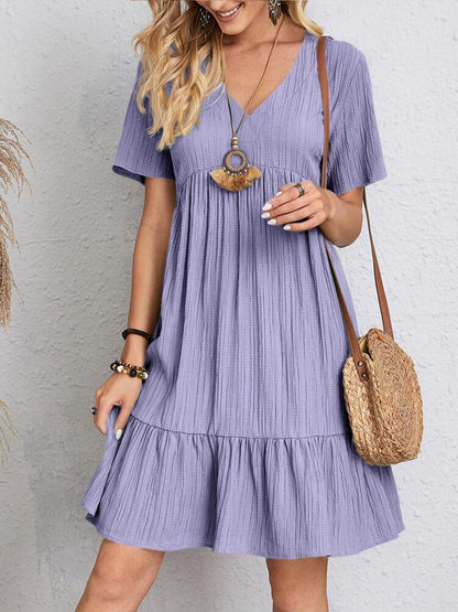 Fashionable V Neck Summer Mini Dress with Ruffles
