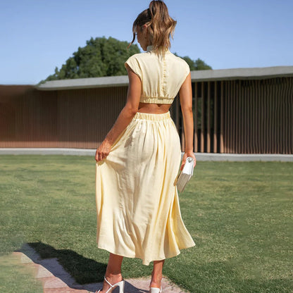 Chic Midi Dress with Cut-Out Waist and Flared Skirt