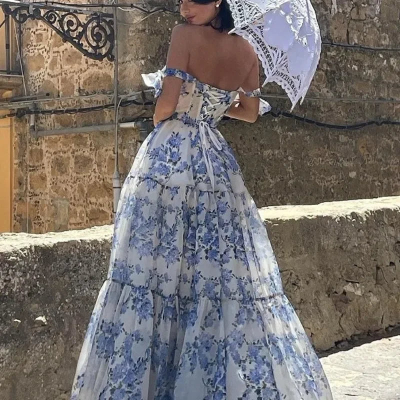 Vintage Blue Floral Print Strapless Evening Dress - Elena-Blue-XS-Nora Luxe
