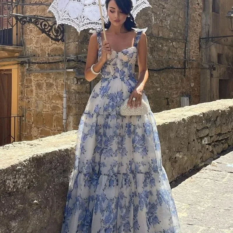 Vintage Blue Floral Print Strapless Evening Dress - Elena-Blue-XS-Nora Luxe