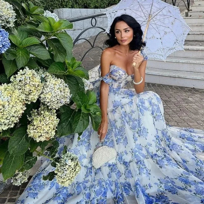 Classic Navy Floral Off Shoulder Gown - Pexav