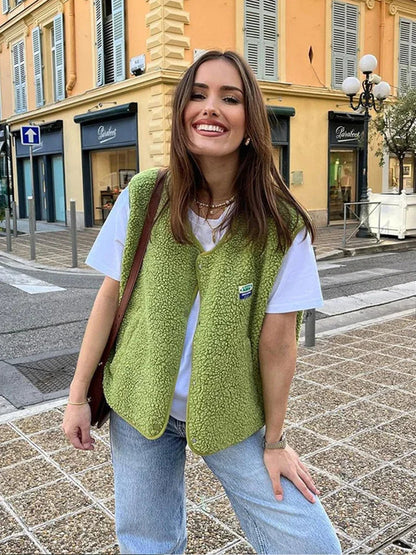 Cozy Fleece V-neck Vest for Ladies - Alina - Pexav