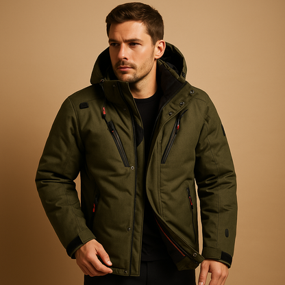 Men’s warm down parka with 90% down insulation and removable hood, regular fit for layering, available in black, green, and navy blue.