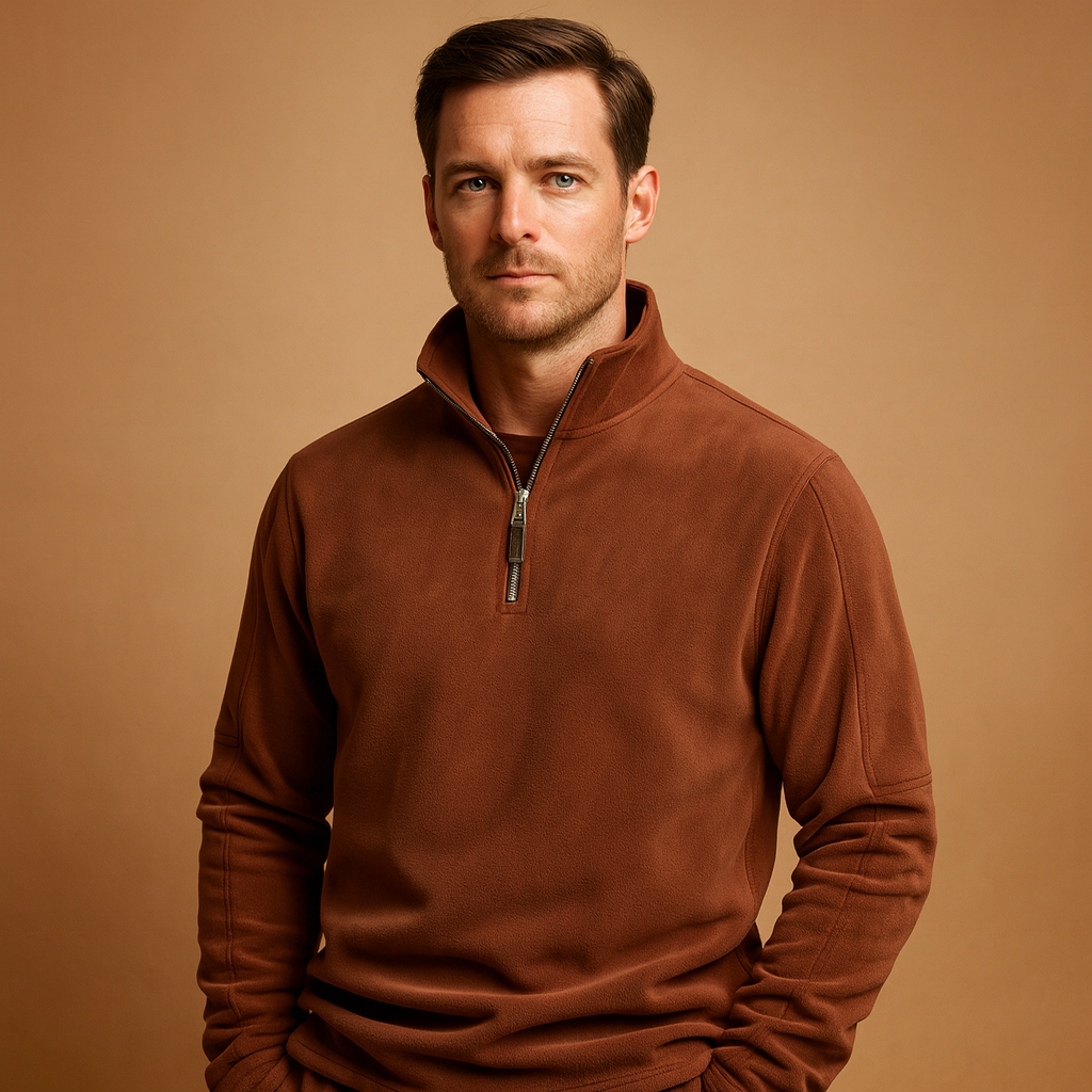Men’s warm fleece half-zip pullover in a versatile design, ideal for everyday wear and outdoor activities during autumn and winter.