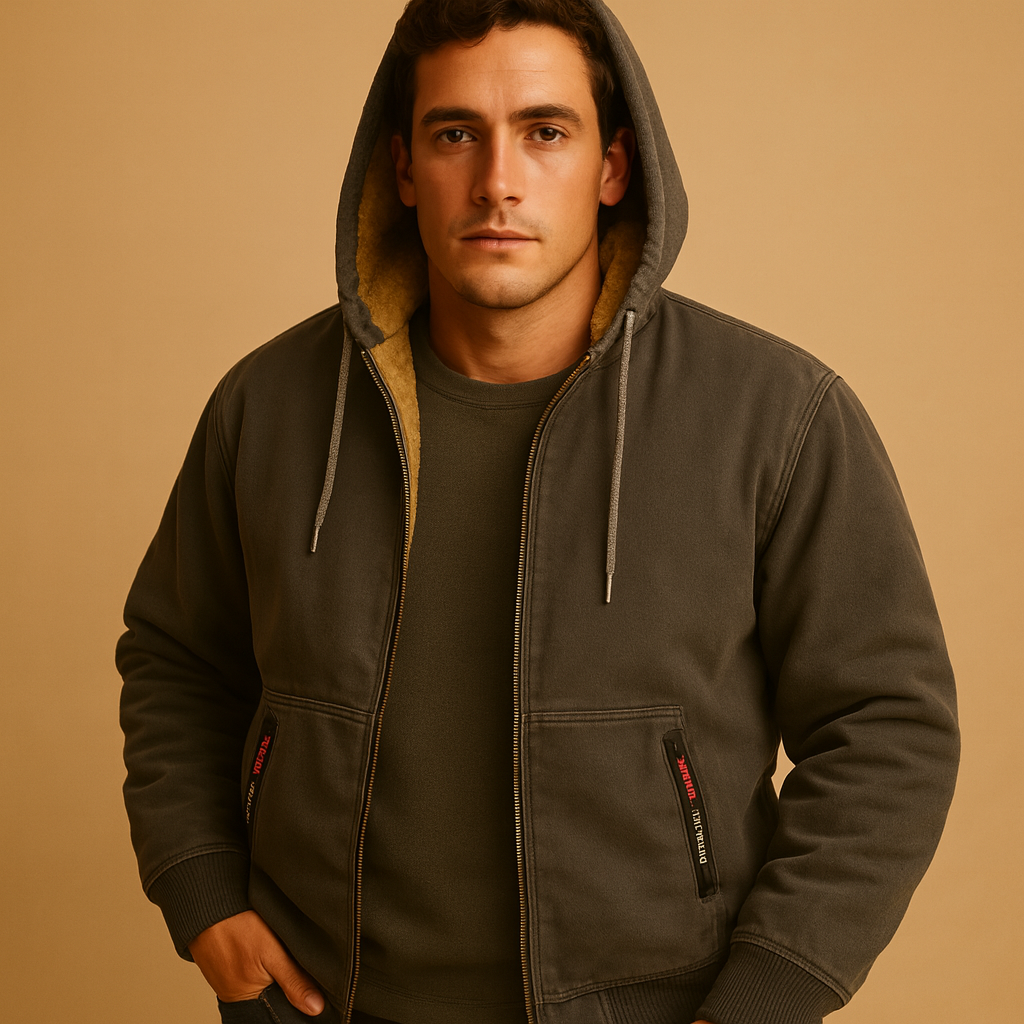 Men’s warm fleece sweater with faux fur lining, designed for comfort and timeless style during cold autumn and winter days.