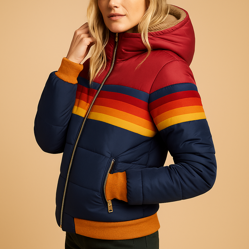 Women’s warm hooded winter coat with insulating lining and flattering fit, suitable for work, travel, festive occasions, and everyday winter wear.