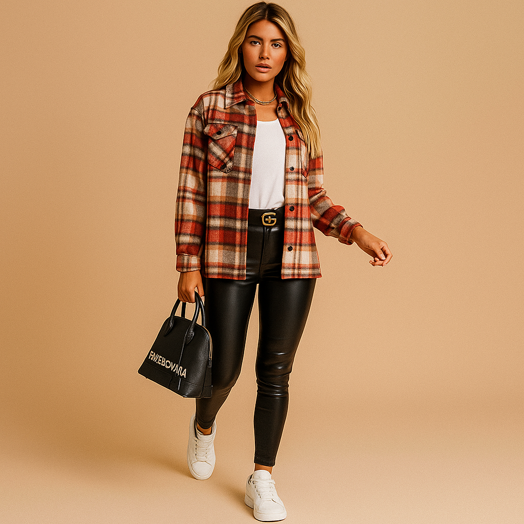 Women’s warm plaid jacket with a relaxed fit and soft insulating lining, ideal for daily wear, autumn walks, and seasonal occasions.