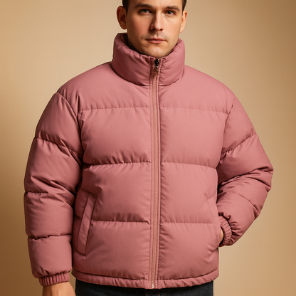 Men’s warm winter coat with high collar and premium insulation, perfect for cold weather and stylish winter outfits.