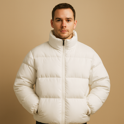 Men’s warm winter jacket with high collar and regular fit, featuring premium insulation and a sleek silhouette for cold weather wear.