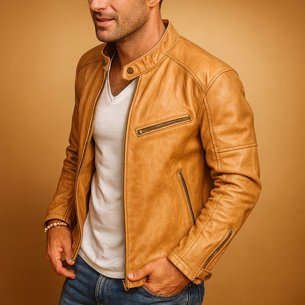 Men’s waterproof biker jacket with zipper closure, breathable design, and tailored fit, perfect for urban and everyday wear.