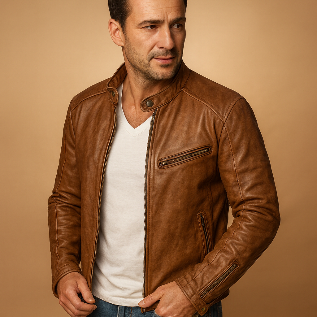 Men’s waterproof biker jacket with zipper closure, breathable design, and tailored fit, perfect for urban and everyday wear.
