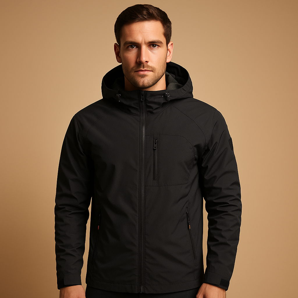Men’s waterproof windbreaker with breathable fabric and zip pockets, designed for lightweight comfort during outdoor activities and everyday wear.