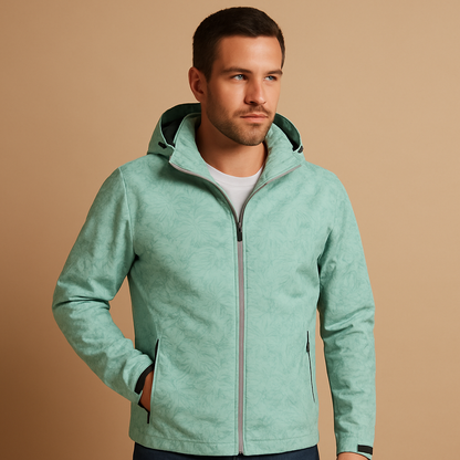 Men’s waterproof lightweight jacket with breathable design, adjustable hood, and subtle leaf pattern, ideal for outdoor activities and daily wear.