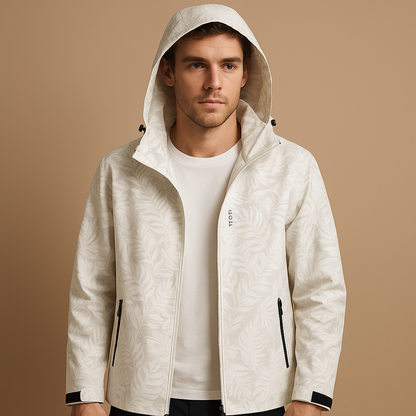 Men’s waterproof lightweight jacket with breathable design, adjustable hood, and subtle leaf pattern, ideal for outdoor activities and daily wear.