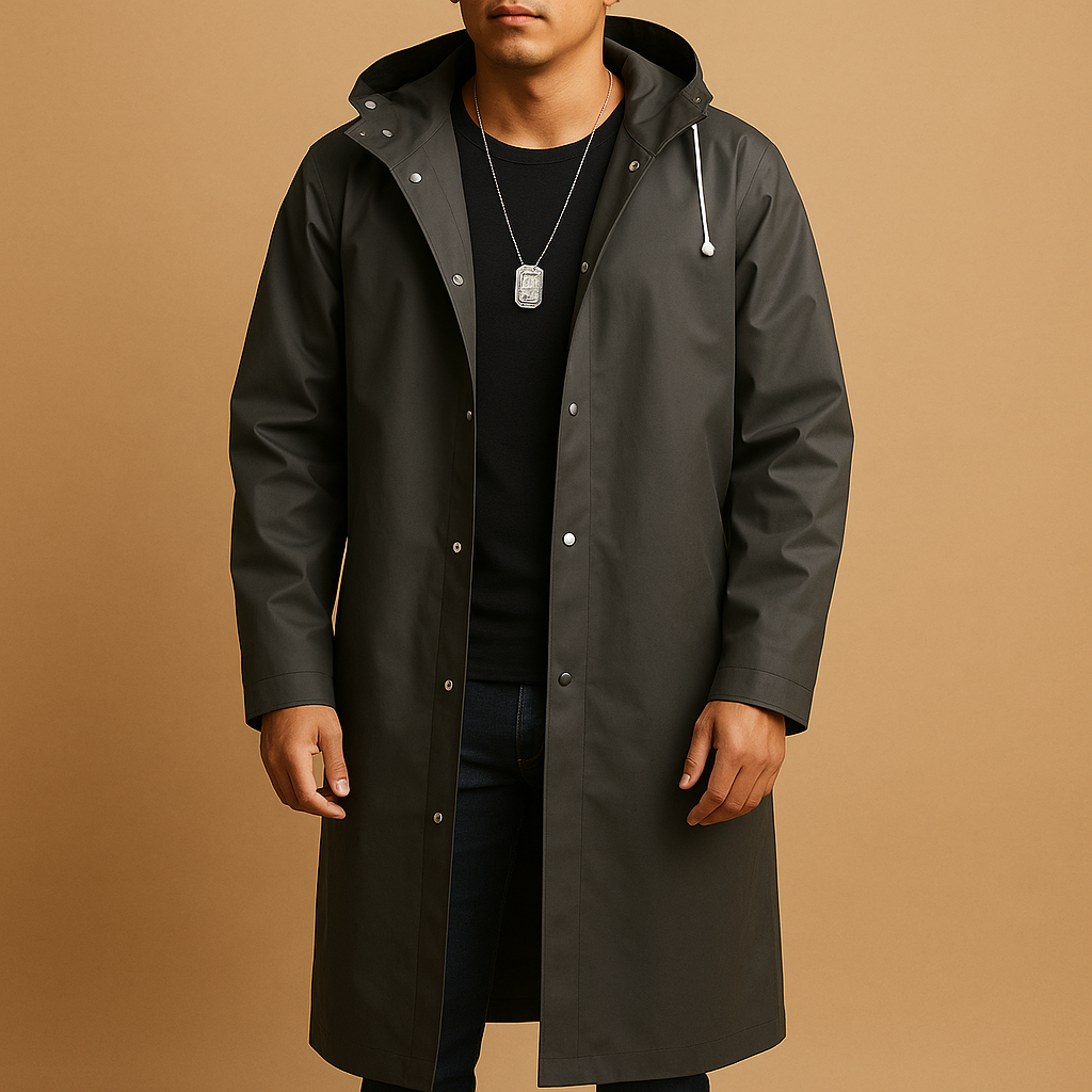 Men’s waterproof long raincoat in black with comfortable fit, ideal for rain, walking, camping, and outdoor activities.